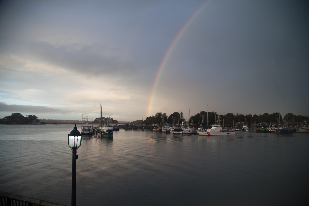 À la tombée de la nuit, soleil à gauche, ciel noir à droite.
— Eureka, CA, USA. Décembre 2020.